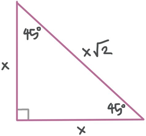 Rule for 45 45 90 triangle - The special right triangle formulas in the form of ratios can be expressed as: 30° 60° 90° triangle formula: Short leg: Long leg : Hypotenuse = x: x√3: 2x. 45° 45° 90° triangle formula: Leg : Leg: Hypotenuse = x: x: x√2. Let us use these formulas in some examples and see how we can find the 2 missing sides when only one side is given ...